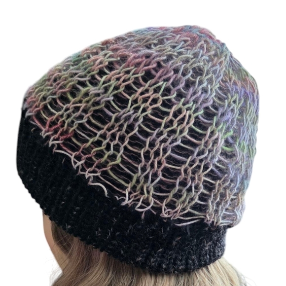 Handmade knitted beanie toque knit mesh overlay vegan leather tag slight slouch - Picture 4 of 7